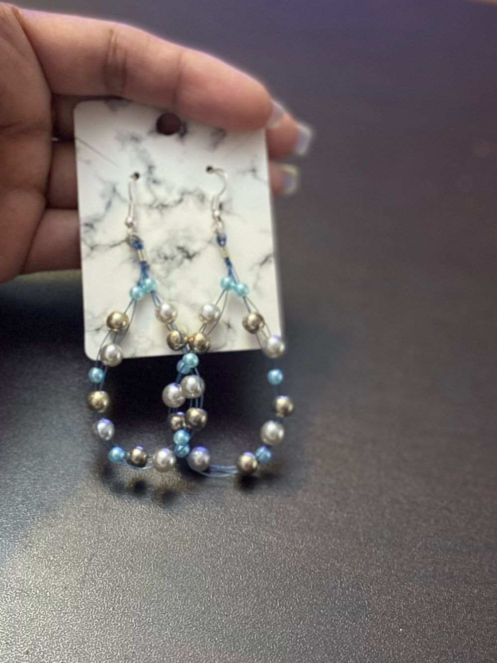Handmade Blue Pearl Hoop Earrings